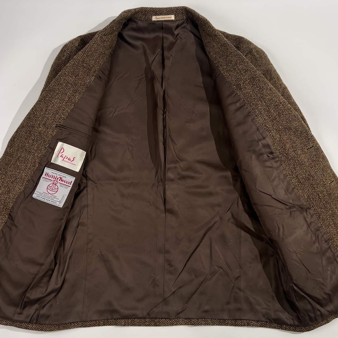 パパス　papas×ハリスツイード　くるみボタン　ジャケット　美品　ラペルP刺繍　S/44 Papas ハリスツイード セットアップ くるみボタン 日本製 パパスPapas
