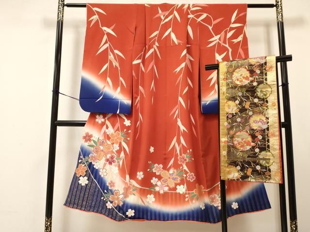 408ag42□七五三 七歳 女児 着物&袋帯&長襦袢 花車 枝垂れ桜□状態良好 1APY040000.webp