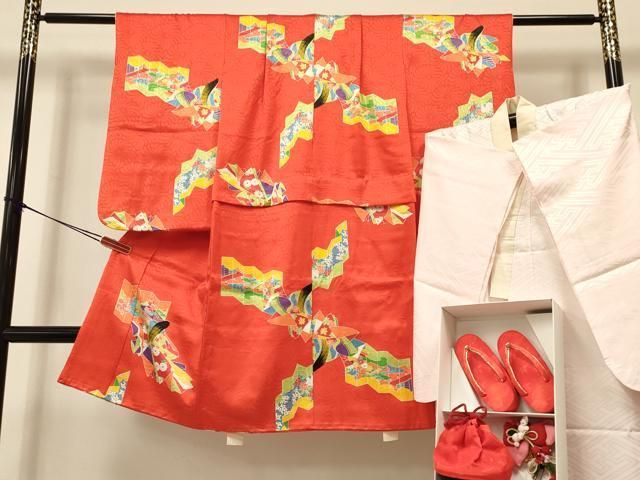 七五三3歳正絹一つ身着物と正絹総絞り手縫いの被布（サーモンオレンジ