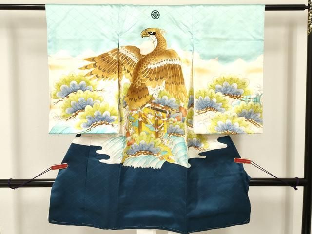 平和屋着物[]お宮参り　男の子　祝着　産着　初着　のしめ　駒刺繍　鷹　鷲　几帳松文　暈し染め　金彩　逸品　DAAS9311ma