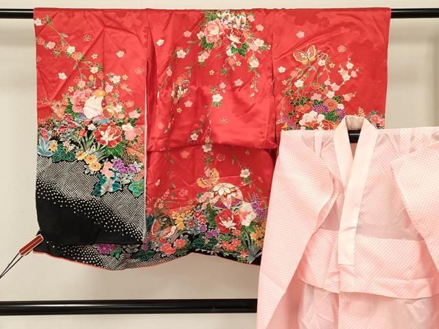 平和屋着物[]七五三　女の子　３歳　祝着　三つ身　長襦袢(単衣)セット　鴛鴦　鞠　御所車花蝶文　暈し染め　金彩　逸品　DAAS9368ma