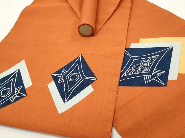 平和屋着物▽中国三大刺繍 相良刺繍 名古屋帯 帯反物 紬地 切嵌 菱重ね