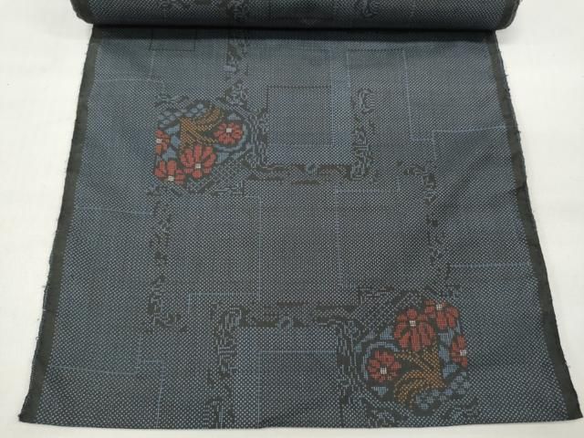 反物　着尺　ブルーグレー 平和屋着物▽本場大島紬 反物 着尺 7マルキ 幾何学花文 逸品 未使用