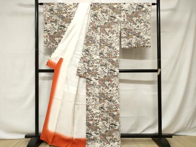 平和屋着物□上質な小紋 型染め 風景文 鬼しぼ縮緬 正絹 逸品