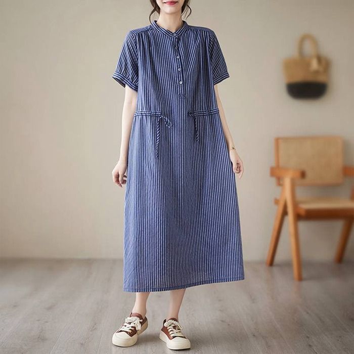 シャツワンピース ストライプ ワンピース レディース 夏 半袖 ロング