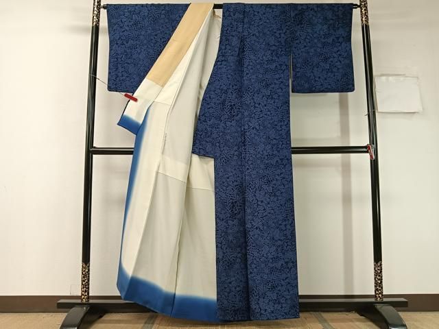 平和屋着物□上質な小紋 藍 型染め 草花文 鬼しぼ縮緬 正絹 逸品