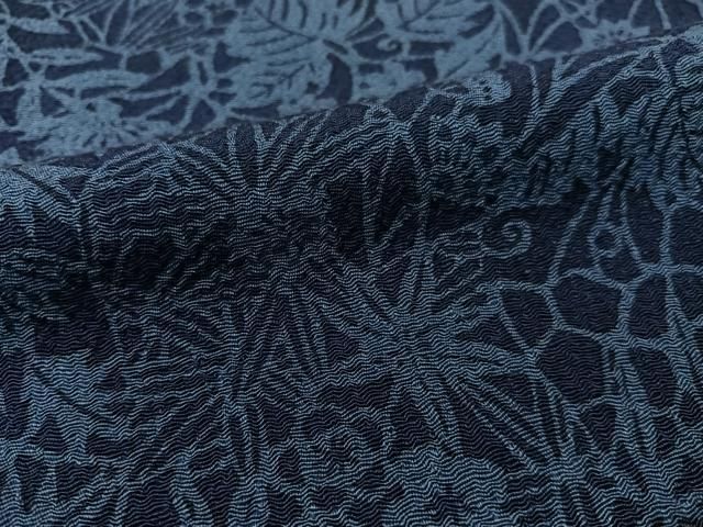 平和屋着物□上質な小紋 藍 型染め 草花文 鬼しぼ縮緬 正絹 逸品