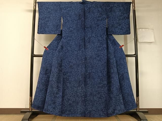 平和屋着物□上質な小紋 藍 型染め 草花文 鬼しぼ縮緬 正絹 逸品