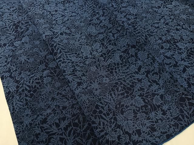 平和屋着物□上質な小紋 藍 型染め 草花文 鬼しぼ縮緬 正絹 逸品