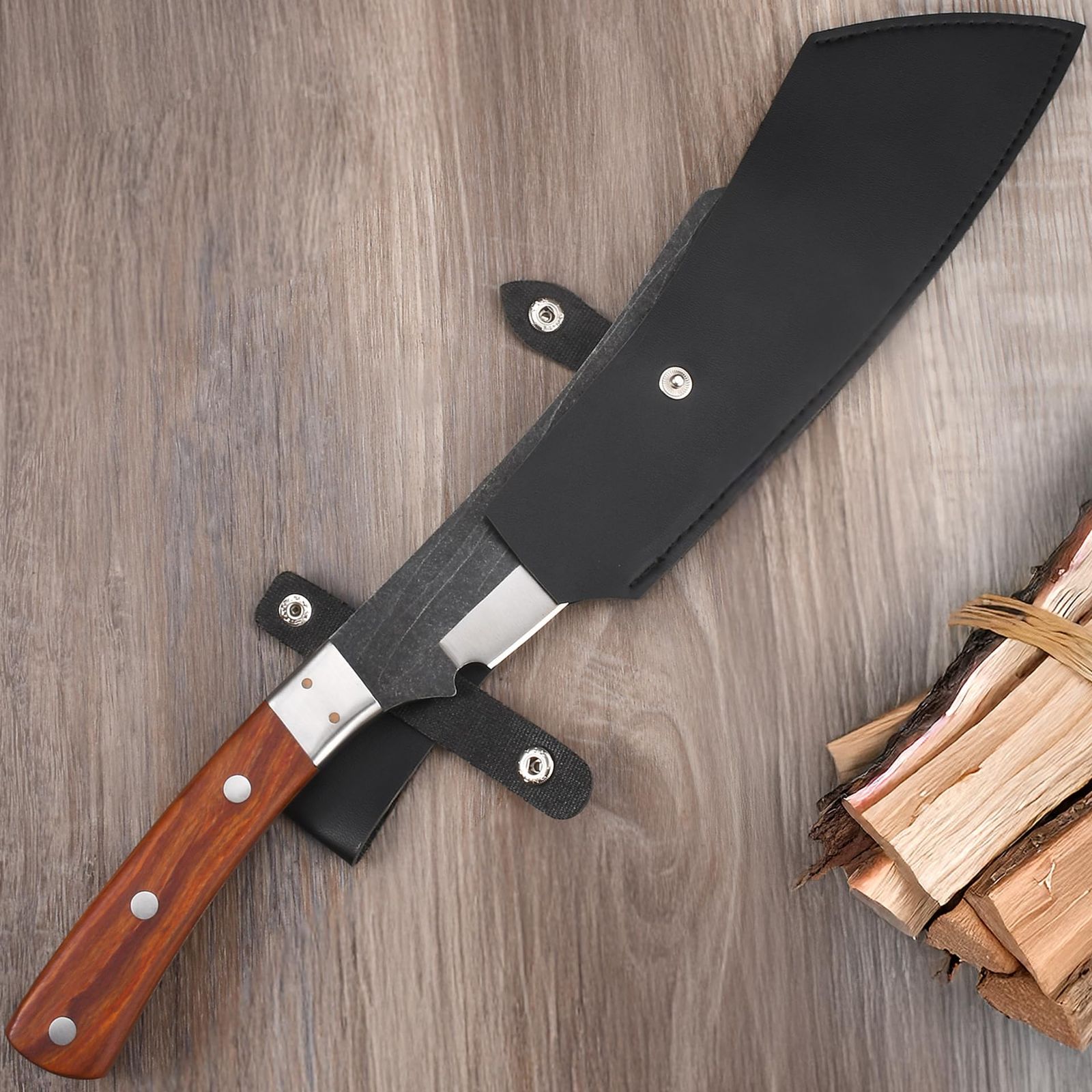 新品 HIROSHI腰鉈 長めナタ 220mm 両刃 竹割 藪漕ぎ 厚刃6.0mm 革鞘付