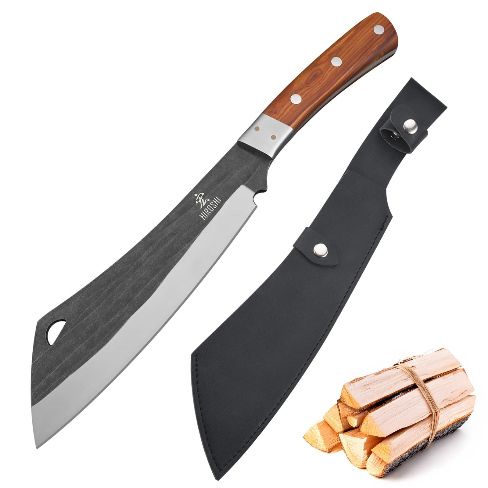 新品 HIROSHI腰鉈 長めナタ 220mm 両刃 竹割 藪漕ぎ 厚刃6.0mm 革鞘付