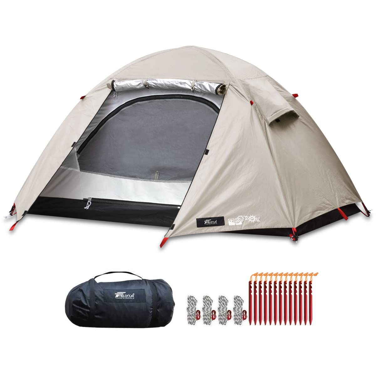 FIELDOOR フライシート付キャンプテント フィールドキャンプドーム100 ペグ ロープ キャリーバッグ付 1人用 ソロ 吊り下げタイプ UVカット 耐水 シルバーコーティング キャノピー 簡単