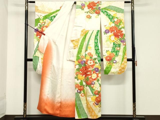 平和屋着物□豪華振袖 駒刺繍 花籠文 暈し染め 金彩 正絹 逸品