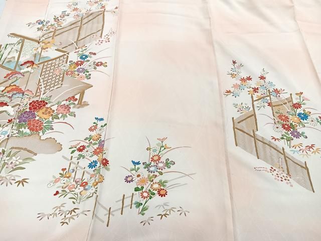 平和屋着物▽訪問着 単衣 風景草花文 金彩 正絹 逸品 AABC0394fy