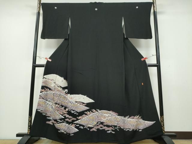 平和屋着物□豪華黒留袖 友禅 作家物 遠山樹林松竹梅飛鶴文 正絹 逸品
