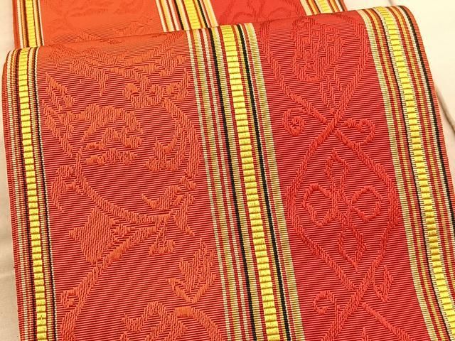 平和屋着物◎本場筑前博多織 半幅帯 花唐草文 証紙付き 正絹 逸品