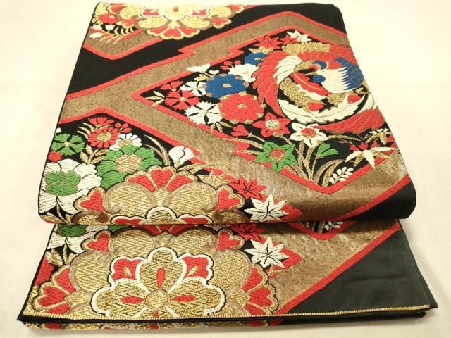 平和屋着物◎六通柄京袋帯 唐織 松皮菱鳳凰花文 黒地 金糸 正絹 逸品