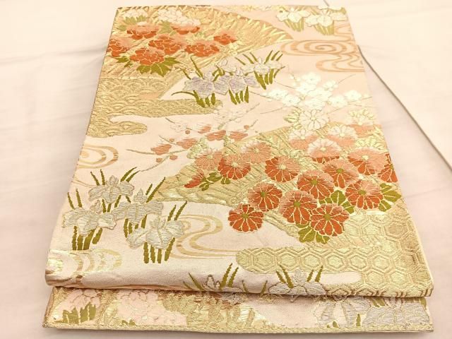 平和屋着物◎六通柄袋帯 唐織 流水花文 金銀糸 正絹 逸品 BAAV5599hv