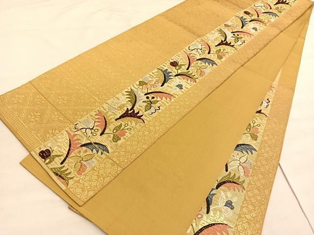 平和屋着物○つけ帯 格子兎更紗花文 金糸 正絹 逸品 CABA2173dy