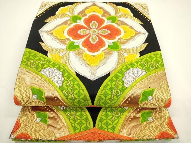 平和屋着物◎六通柄袋帯 唐織 正倉院花文 黒地 金銀糸 正絹 逸品