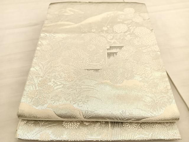 5k3079 袋帯　絹　プラチナ銀箔二重織　銀色　白　花柄　和装　着物 5k3079 袋帯 絹 プラチナ銀箔二重織 銀色 白 花柄 和装 着物 平和屋
