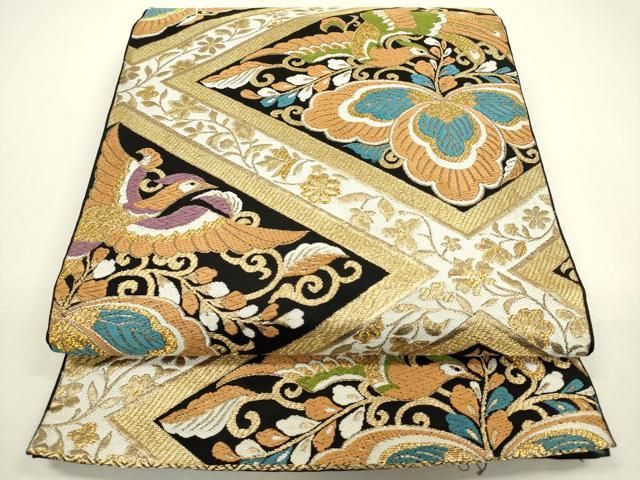 作家物 堀省平 ORIENT 袋帯 金彩 花菱文様 唐花 正絹 六通 Q1302 平和屋着物◎六通柄 本袋帯 鳳凰花菱文 黒地 金糸 正絹 逸品