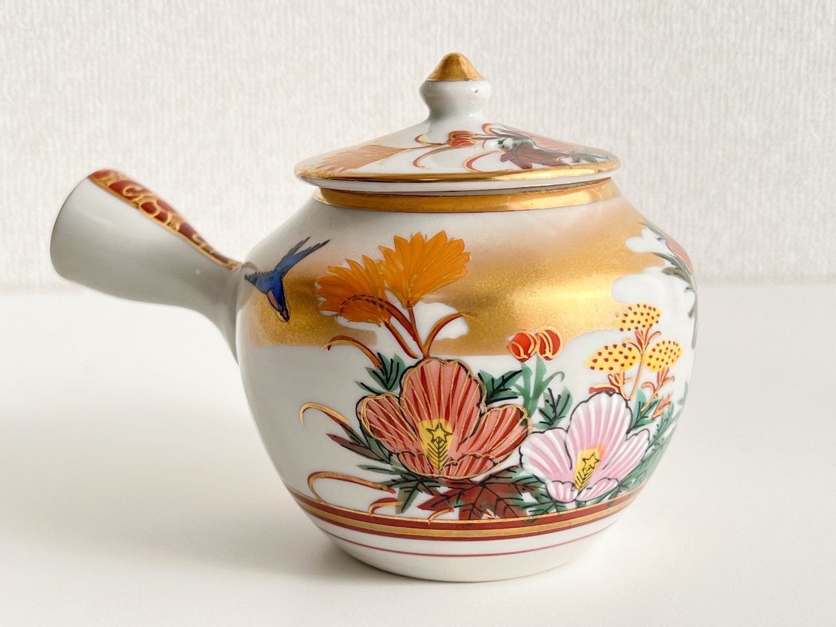 TK318】九谷焼 匠峯 急須 金彩花鳥紋様 直径8.5cm 高さ9cm 和食器