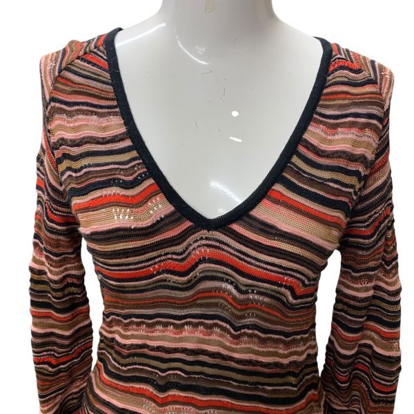 ミッソーニ MISSONI ワンピース 長袖 Vネック 膝丈 ブラウン ダークブラウン 赤 ベージュ 綿 麻 40 M～L 11号 レディース H 5 Y 031