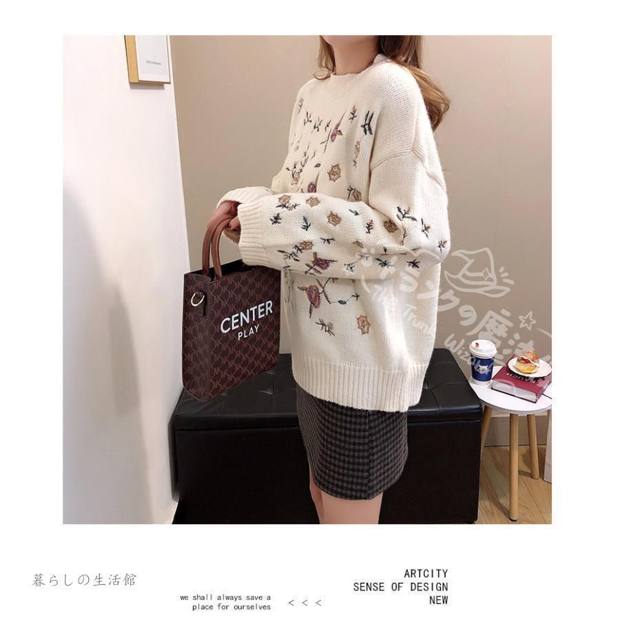 セーター レディース ニットセーター 長袖 丸首 トップス 花柄 プルオーバー サマーニット 大きいサイズ 体型カバー 秋 冬 リブニット 重ね着 通勤 きれいめ CCMYV1107P454