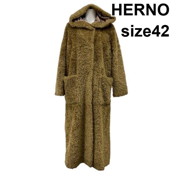 ヘルノ HERNO カーリー CURLY エコファーコート 長袖 フード付き ロングコート オーバーサイズ キャメル 42 L 11号 レディース S5X157