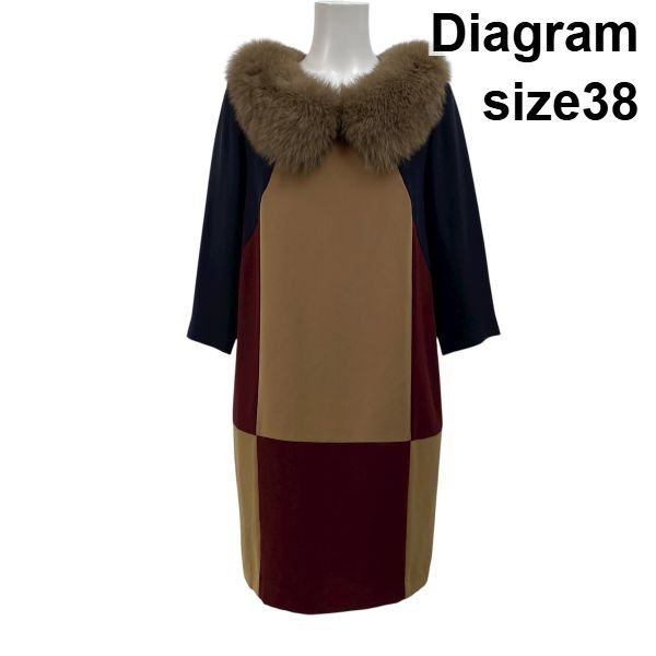 ダイアグラム Diagram ブロックワンピース 膝丈 七分袖 Iライン マルチ フォックスファー 38 M 9号 レディース S 5 X 163