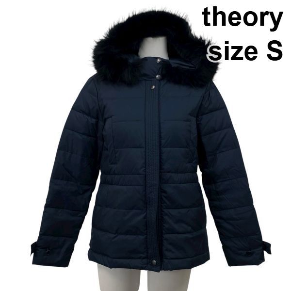 セオリー theory ダウンジャケット ショート丈ダウンコート フード 長袖 ラクーンファー ネイビー フェザー S 7号 レディース S5X136