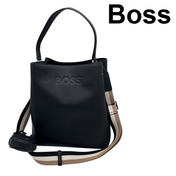 ヒューゴボス Hugo Boss バケットバッグ Addison コインポーチ付き 巾着バッグ ストライプ 黒 レザー レディース S5X139