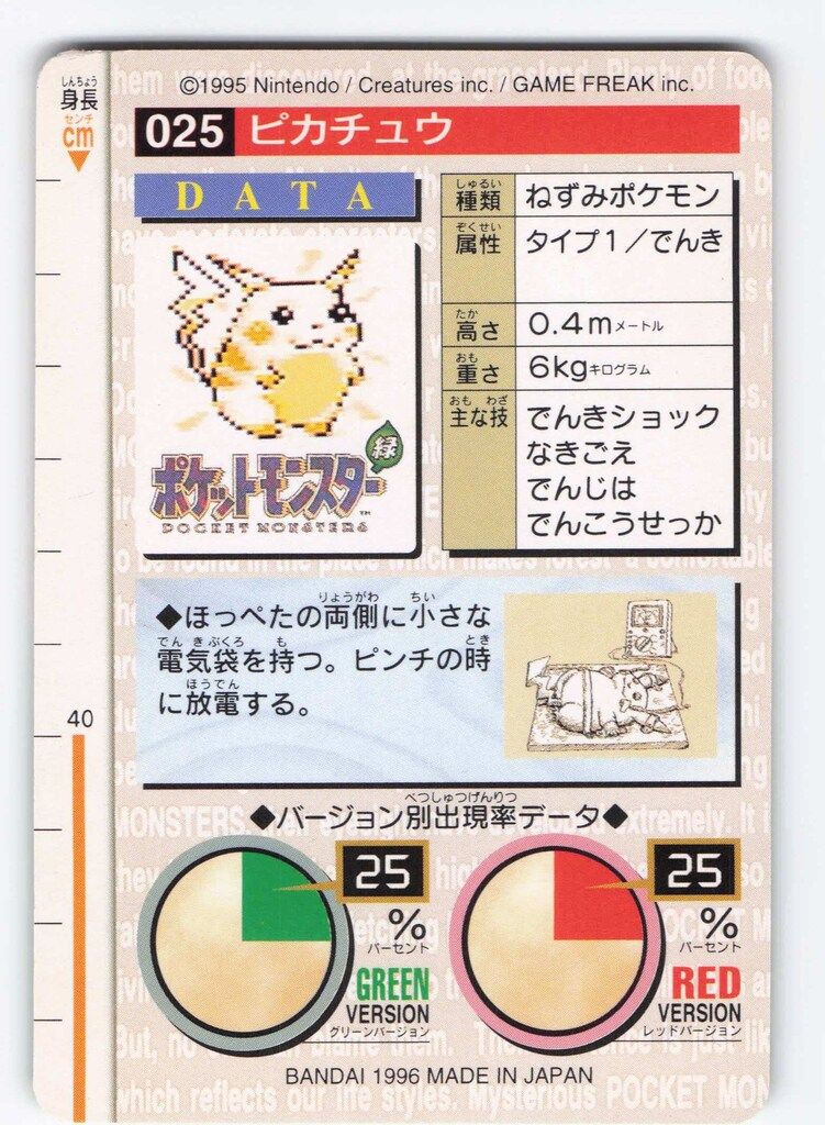 バンダイ ポケモン 本弾 緑版 1弾 1996 ピカチュウ 25