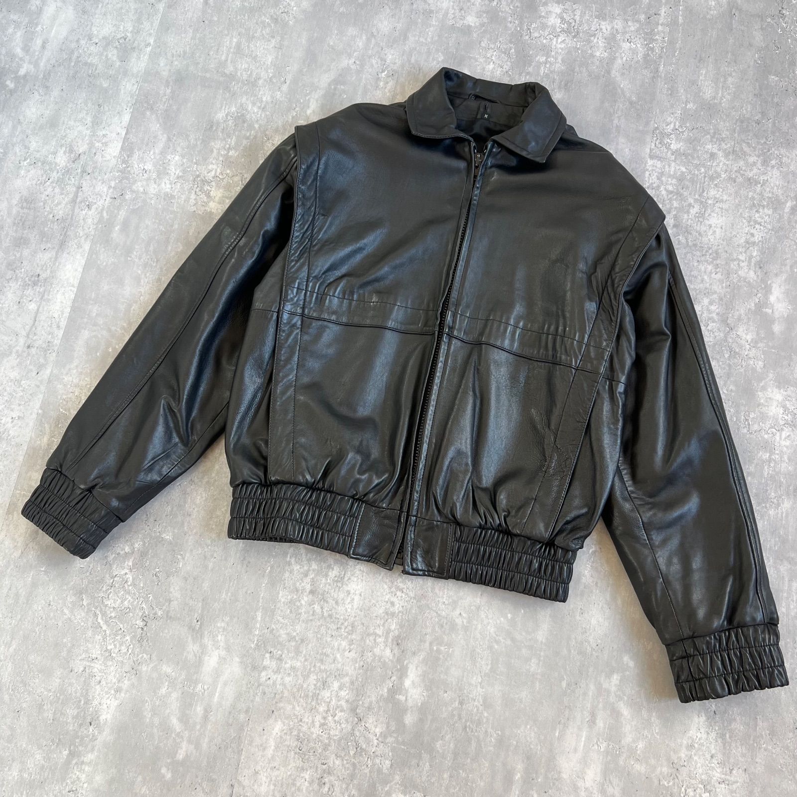 ヴィンテージ レザージャケット M相当 本革 ラムレザー ダブルジップ 黒 ブラック キルティング