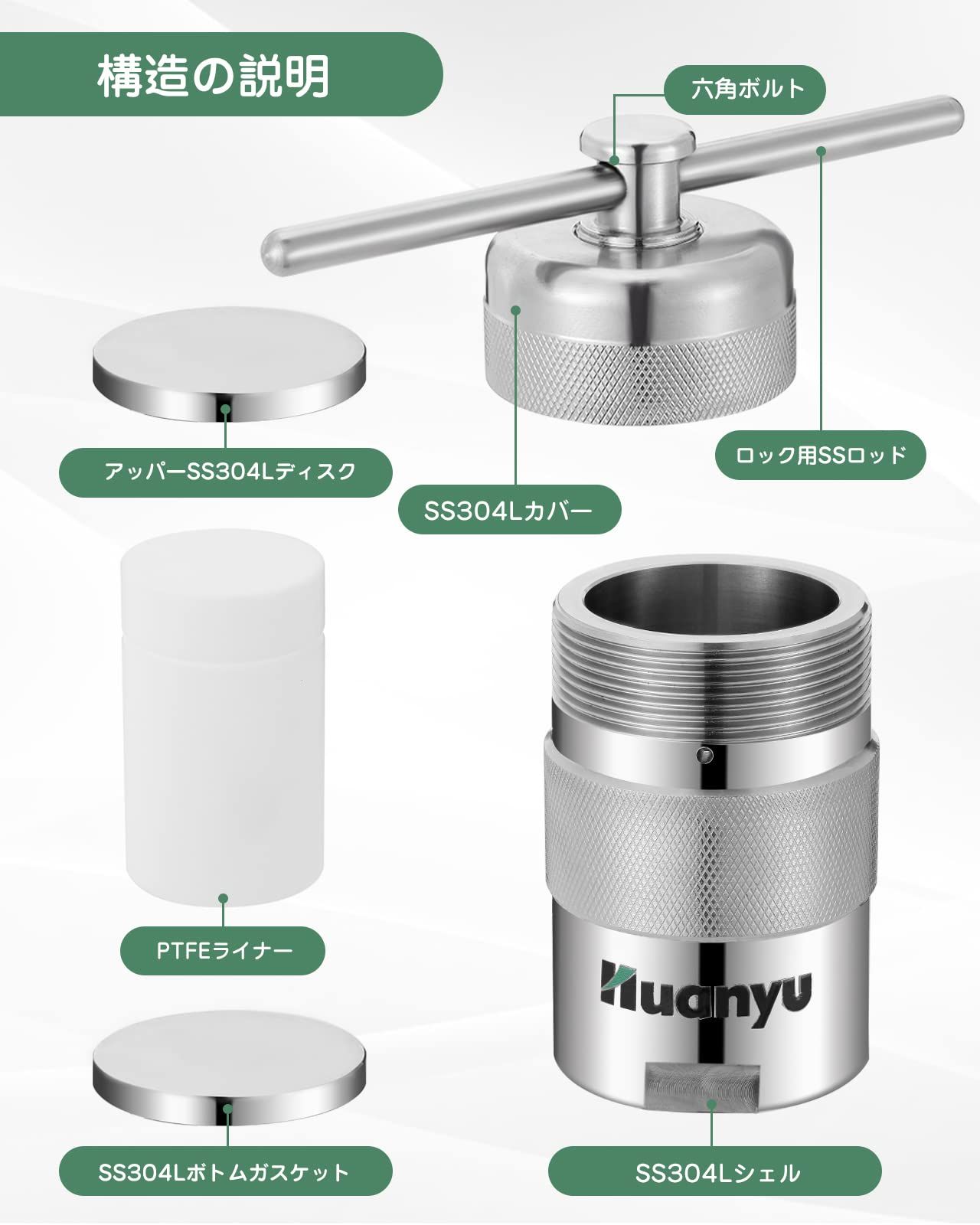 Huanyu 50ml 高圧反応器 小型オートクレーブ 220℃ 6MPa 304ステンレス PTFE内殻 反応容器 水熱合成消化缶 強酸 有機溶剤 不溶性物質など反応用 50ml