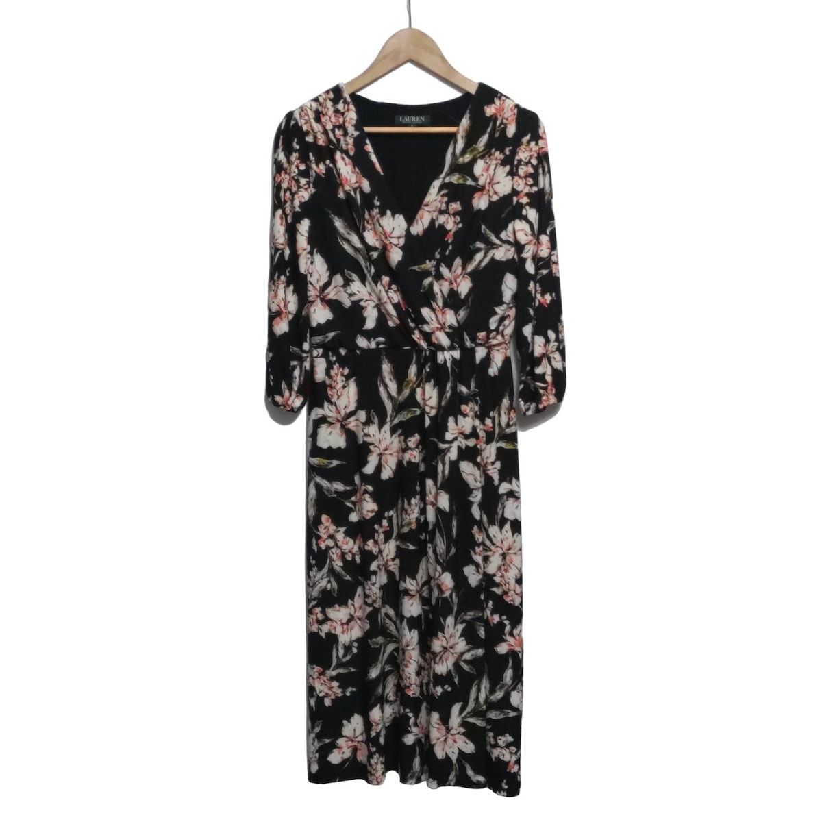 ラルフローレン ワンピース サイズ6 M レディース - 黒×ライトピンク×マルチ Vネック 七分袖 ロング 花柄 カシュクール