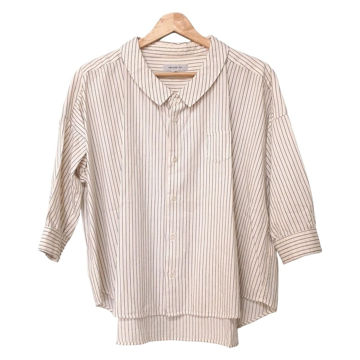 Ordinary fits オーディナリーフィッツ 七分袖シャツブラウス サイズ0 XS レディース - アイボリー×黒 ストライプ