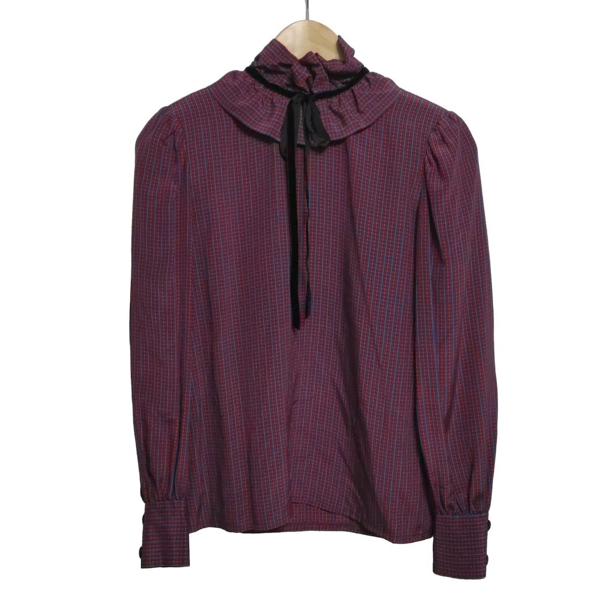 GIVENCHY ジバンシー 長袖シャツブラウス サイズ10 L レディース - ボルドー×ブルー×黒 シルク チェック柄 リボン フリル