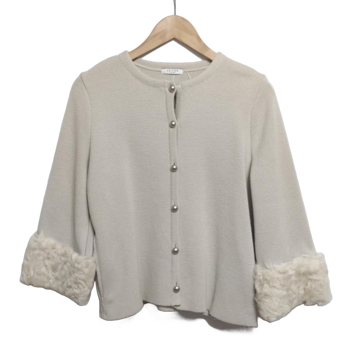 ADORE アドーア カーディガン サイズ38 M レディース - グレーベージュ 七分袖 ラムファー着脱可