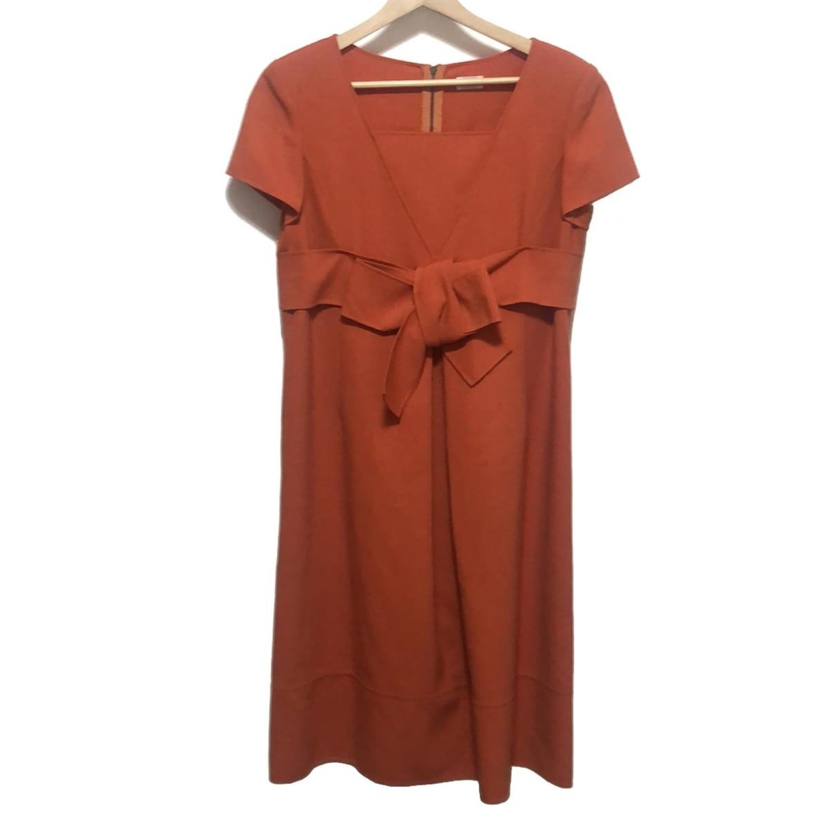 FOXEY フォクシー ワンピース サイズ42 L レディース - 23624 オレンジ スクエアネック 半袖 ロング リボン 肩パッド
