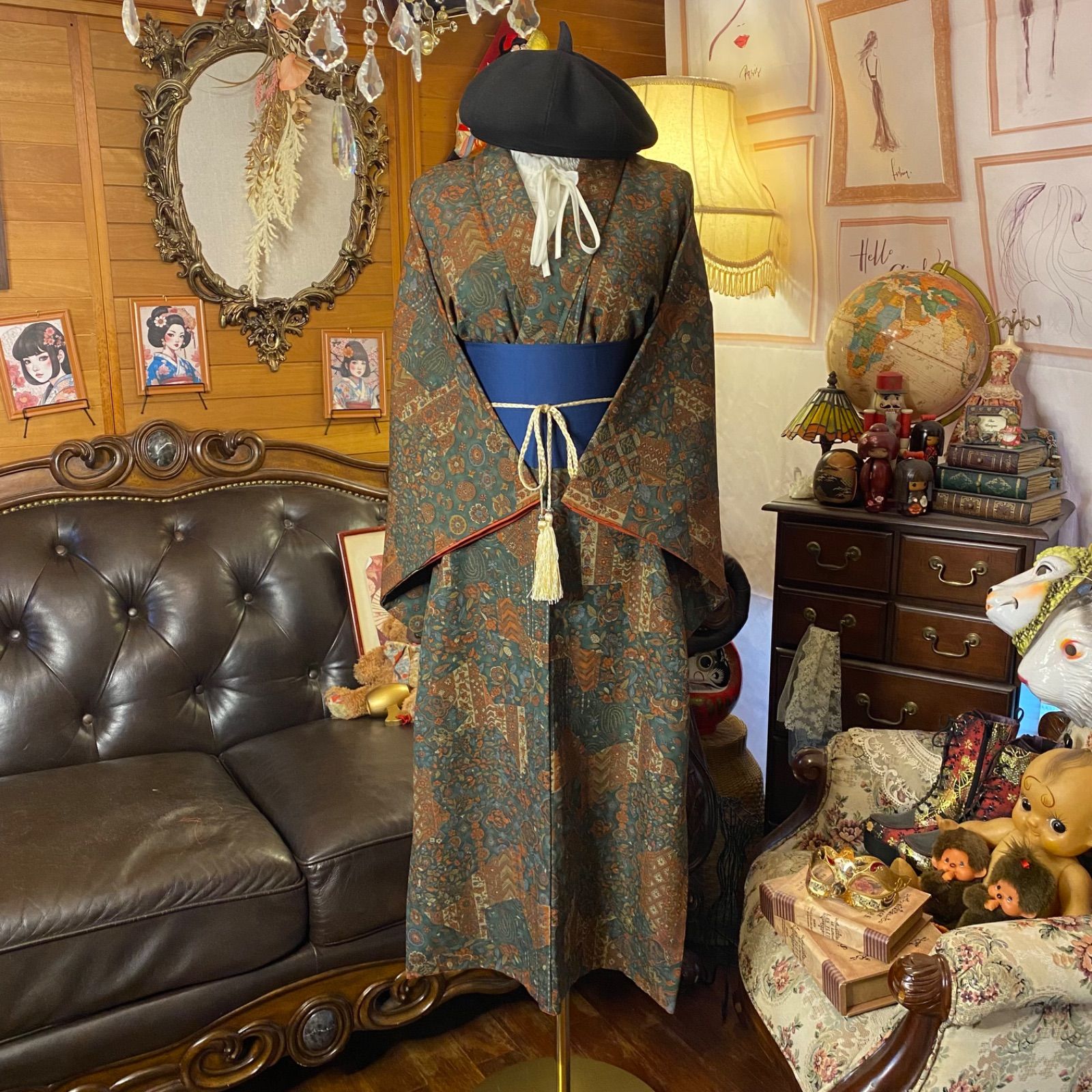 着物リメイク セミロングワンピース 洗える化繊素材＆帯サッシュベルト付き レトロ 古着 ハンドメイド 静けさと物語をまとう KW 1148