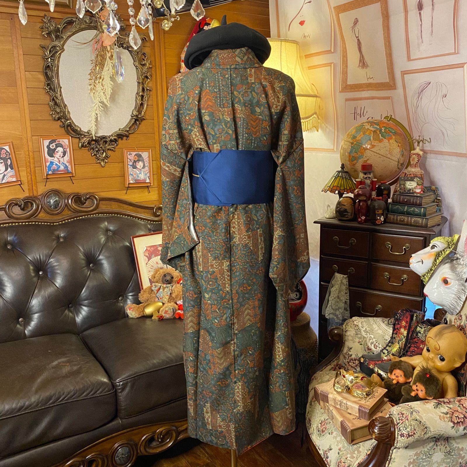 セミロングワンピース｜洗える化繊素材＆帯サッシュベルト付き レトロ