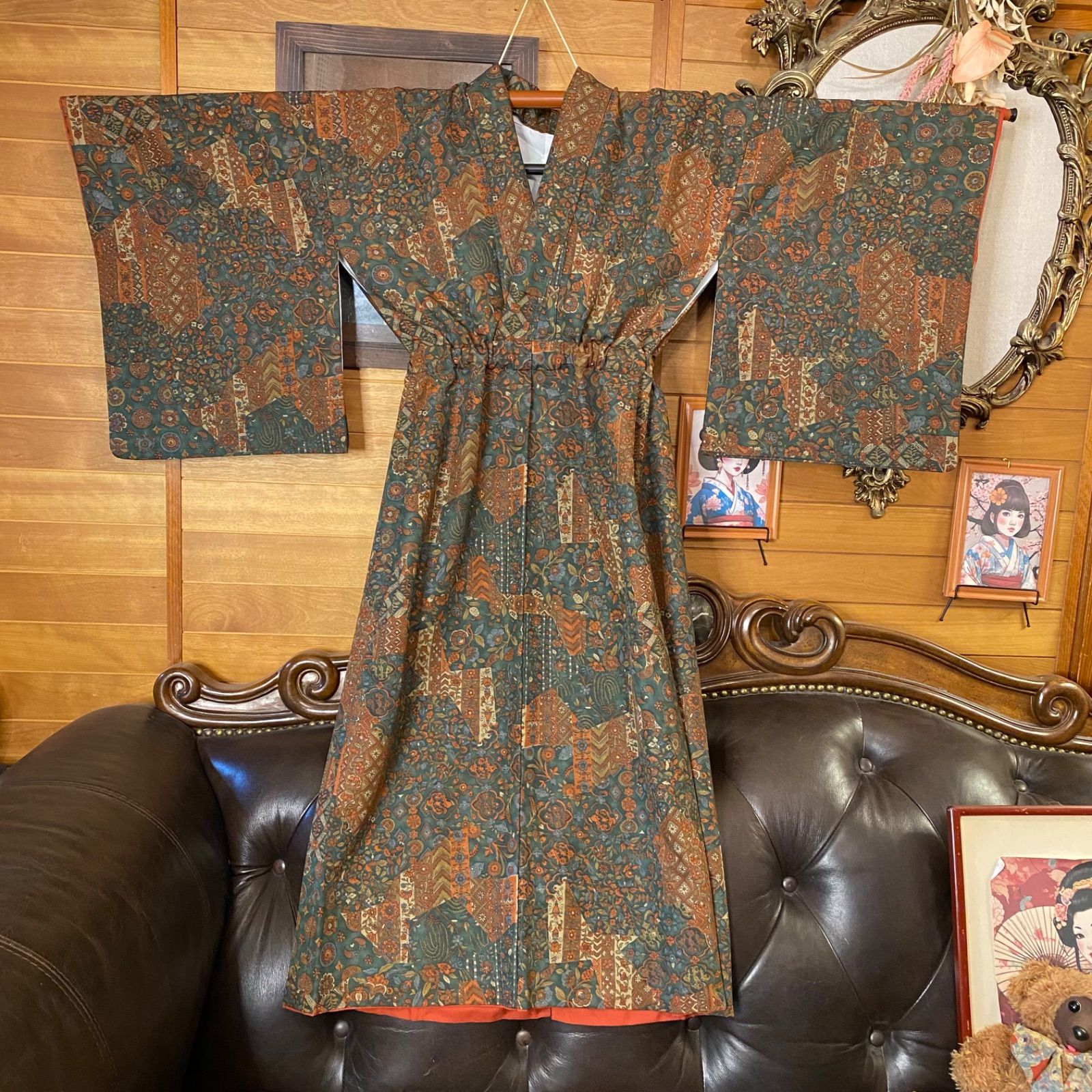 セミロングワンピース｜洗える化繊素材＆帯サッシュベルト付き レトロ