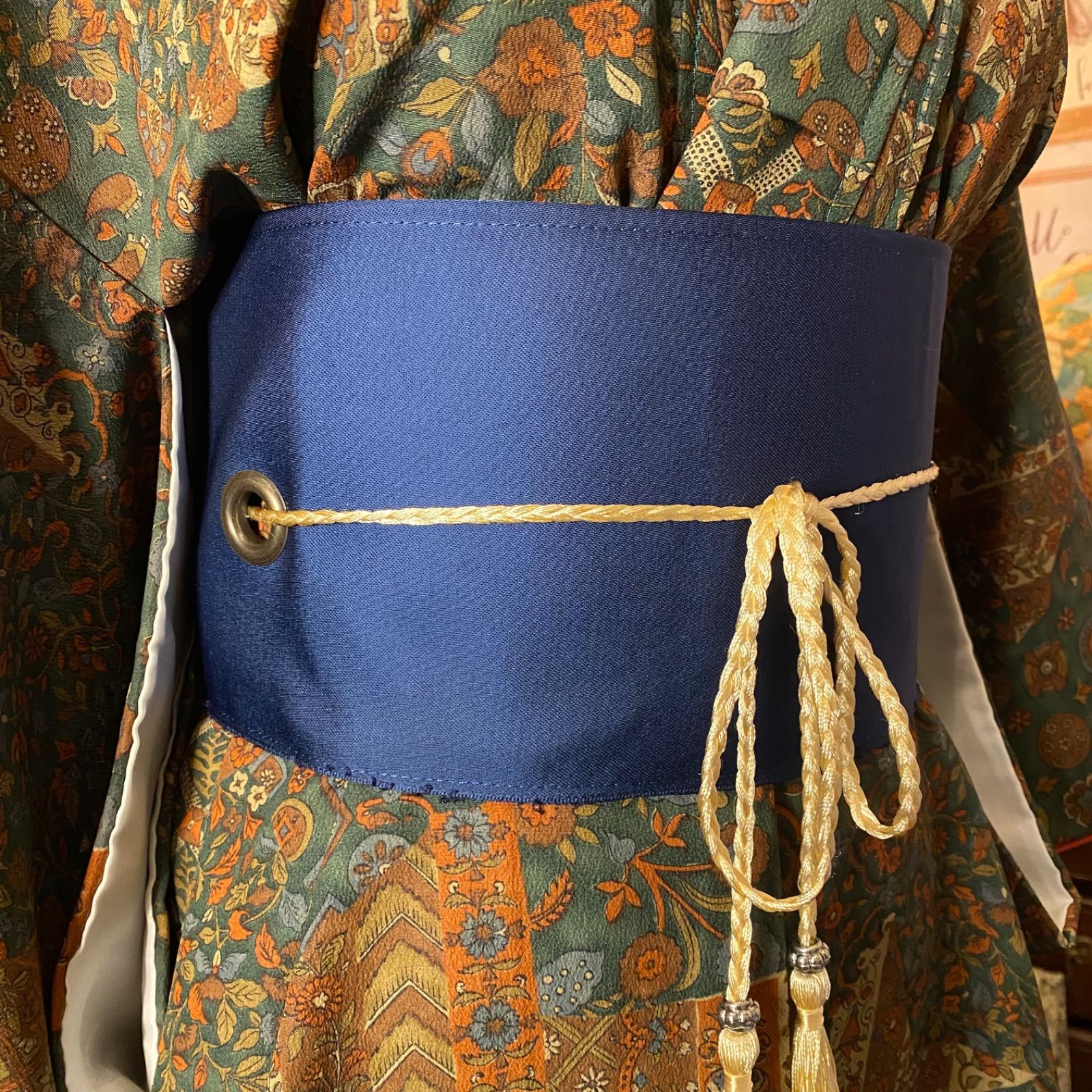  着物リメイク セミロングワンピース｜洗える化繊素材＆帯サッシュベルト付き レトロ 古着 ハンドメイド 静けさと物語をまとう KW-1148 小紋 着物