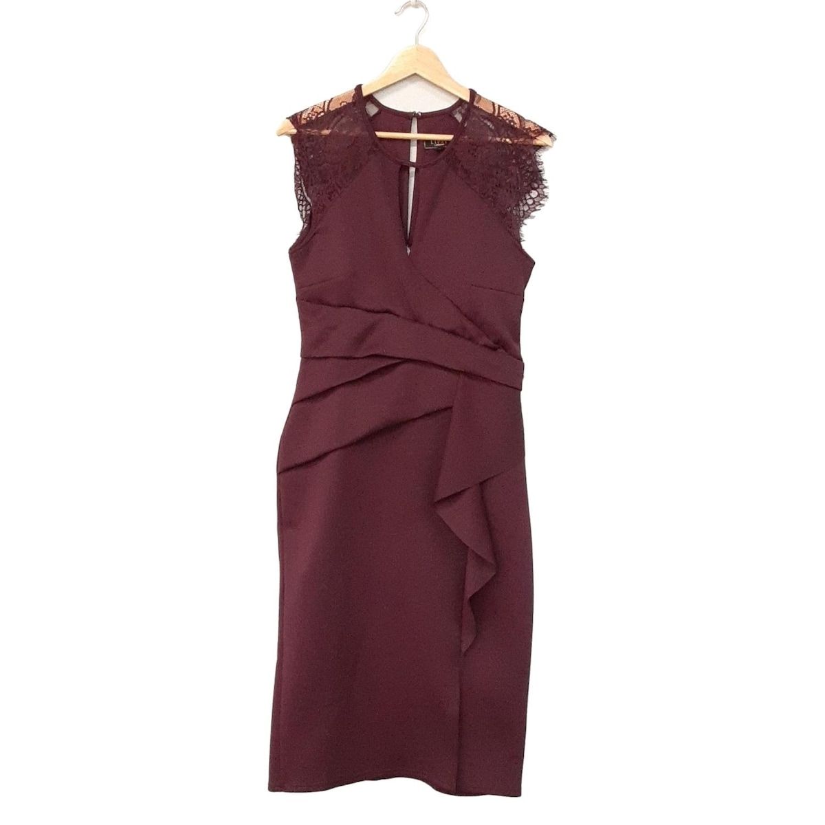 LIPSY リプシー ワンピース サイズUK 14 レディース ボルドー クルーネック ノースリーブ ロング レース フリル