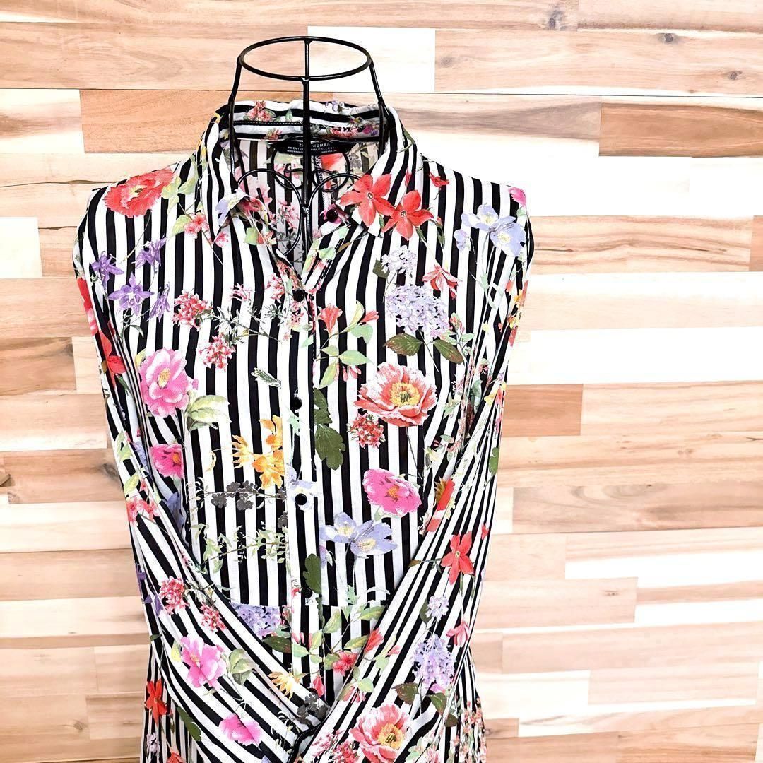 ザラ ストライプ×カラフル フラワー花柄 ロング シャツ ワンピース S黒×白 フローラル 花 総柄 長袖 ブラック ホワイト