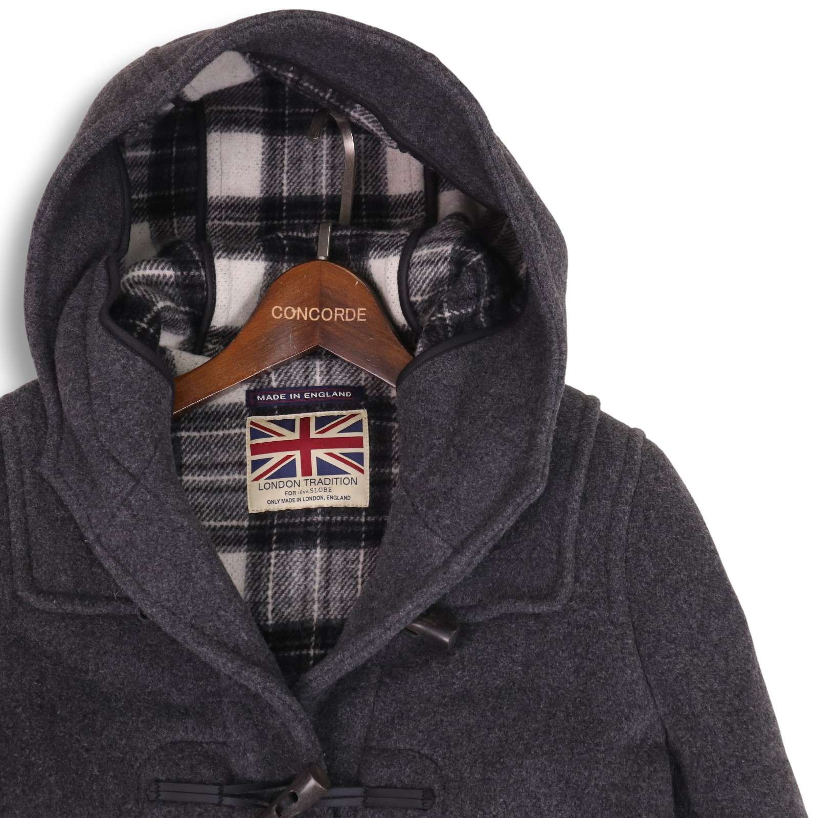 英国製 LONDON TRADITION ロンドントラディション 秋冬 裏地チェック ウール ダッフルコート Sz.34 レディース 灰