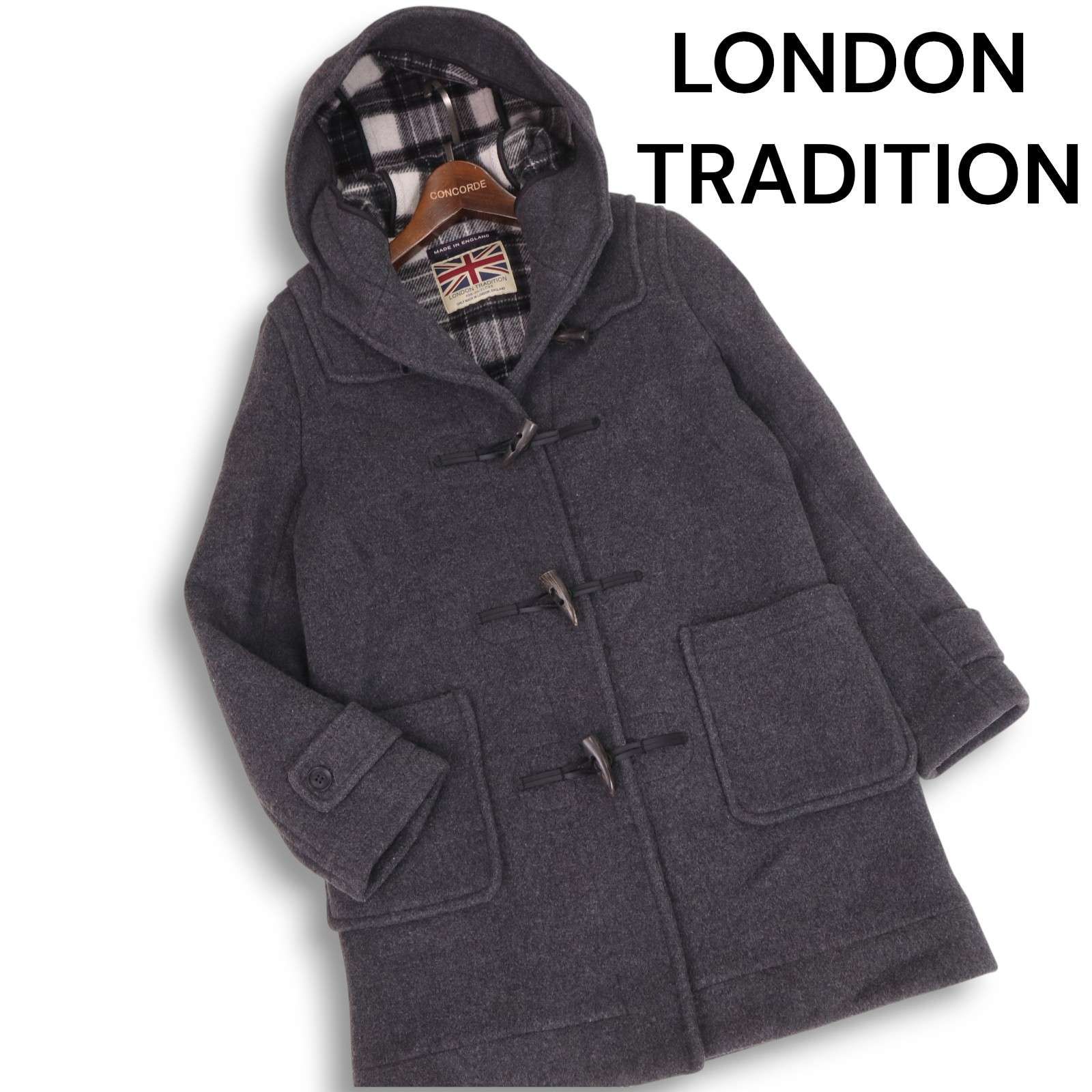 英国製 LONDON TRADITION ロンドントラディション 秋冬 裏地チェック ウール ダッフルコート Sz.34 レディース 灰