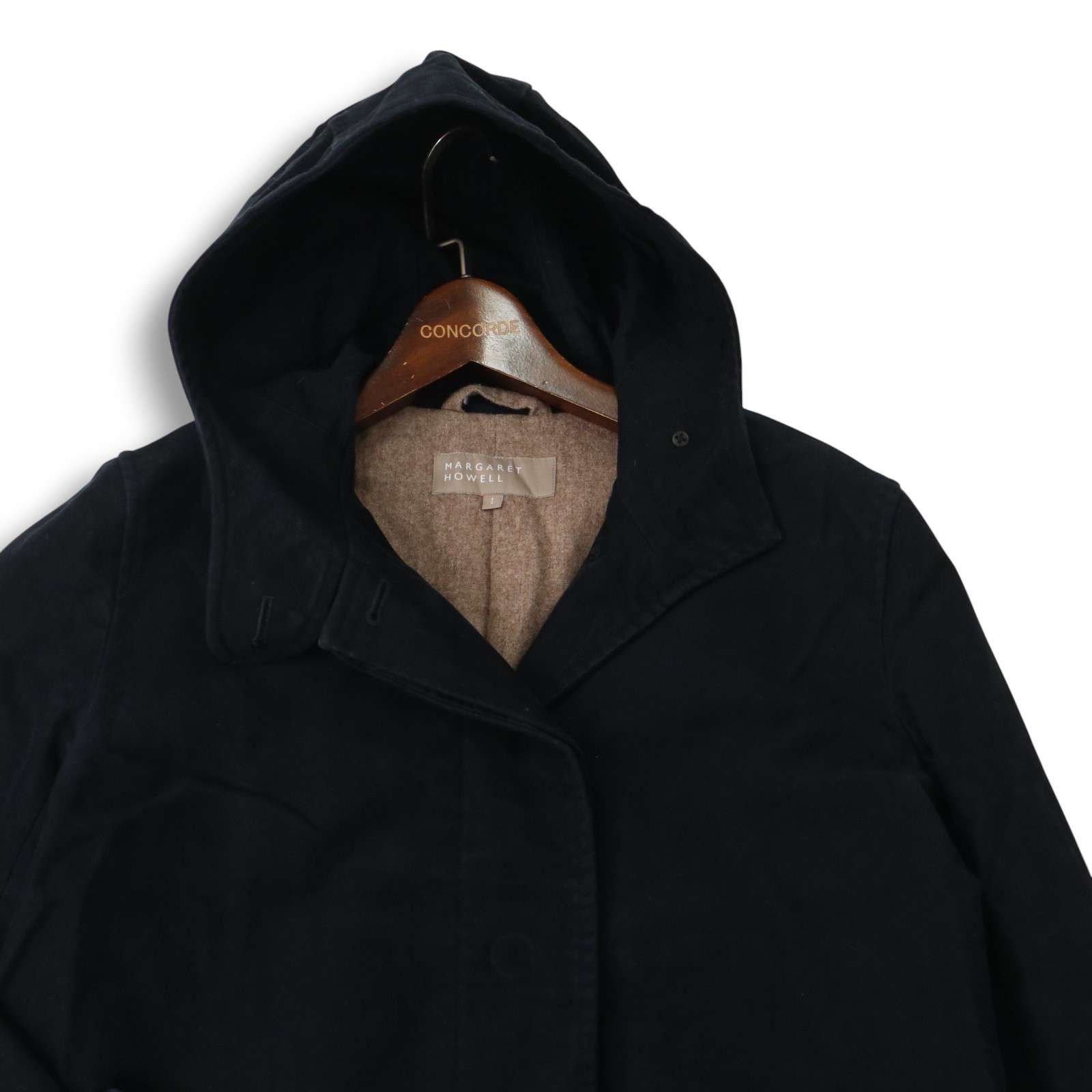 MARGARET HOWELL マーガレットハウエル 秋冬 モールスキン フーデッド コート Sz.1 レディース 紺 ネイビー